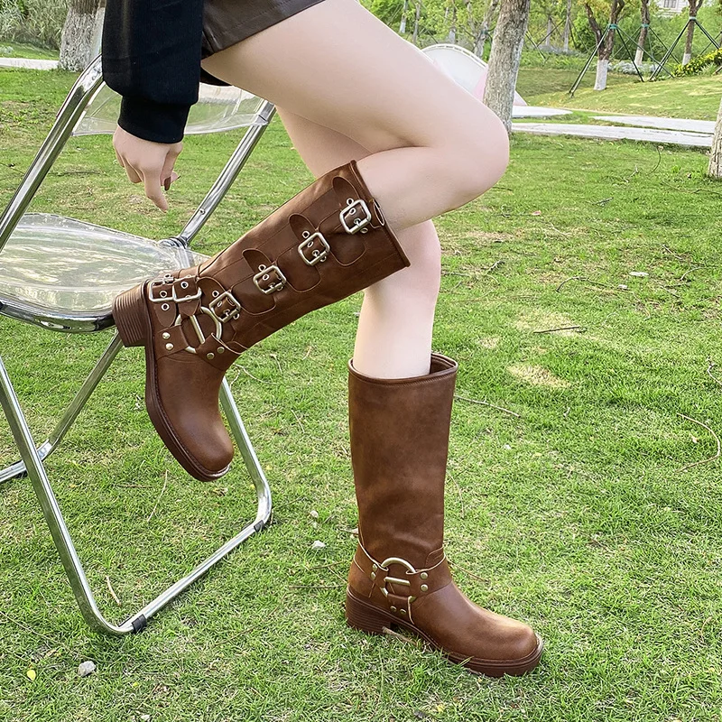 Churchf Churchf Boots Women's Fall / Winter 2024 New Thick Heel Brown But Knee Fashion Western Cowboy Boots Round Head High Boots