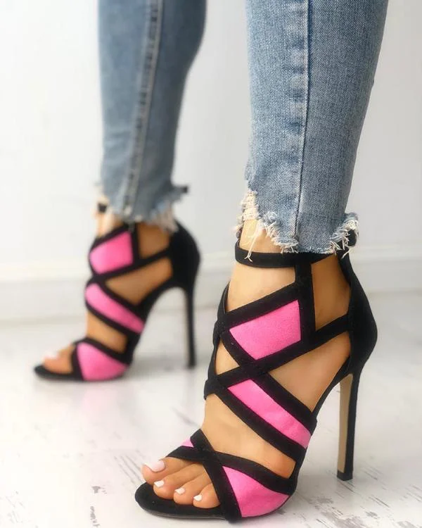 Contrast Color Caged Bandage Heeled Sandals
