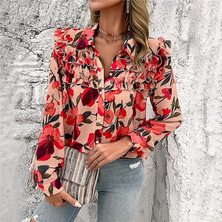 Long Sleeve Lapel Single Breasted Casual Loose Printing Blouse