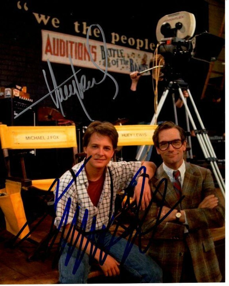 Michael j. fox & huey lewis signed autographed back to the future Photo Poster painting