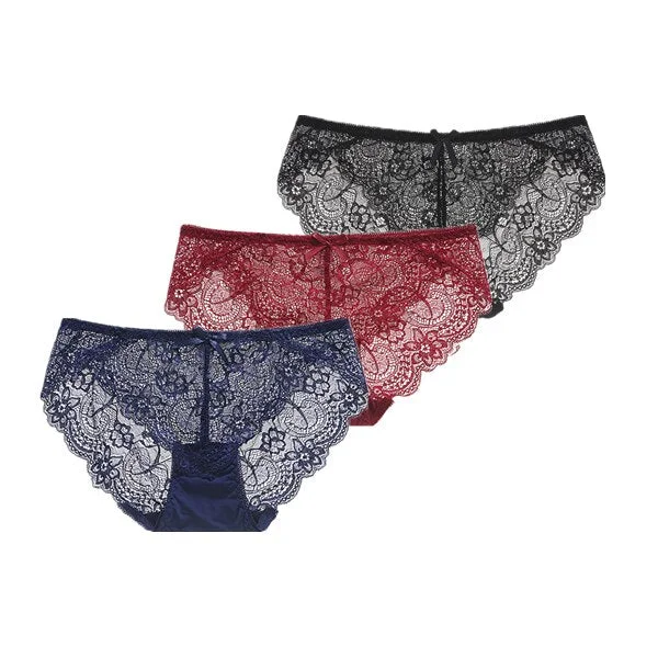 3Pcs/Lot Sexy Lace Underwear Women Transparent Low Waist Panties Cotton Crotch Briefs for Girls Breathable Seamless Lingeries