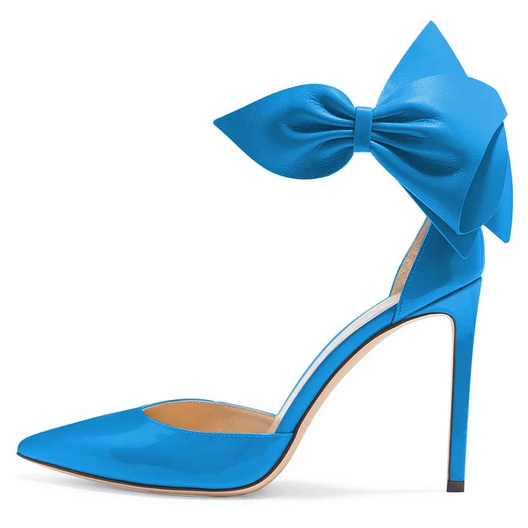 Blue Pointy Toe Bow Ankle Strap Heels Pumps |FSJ Shoes