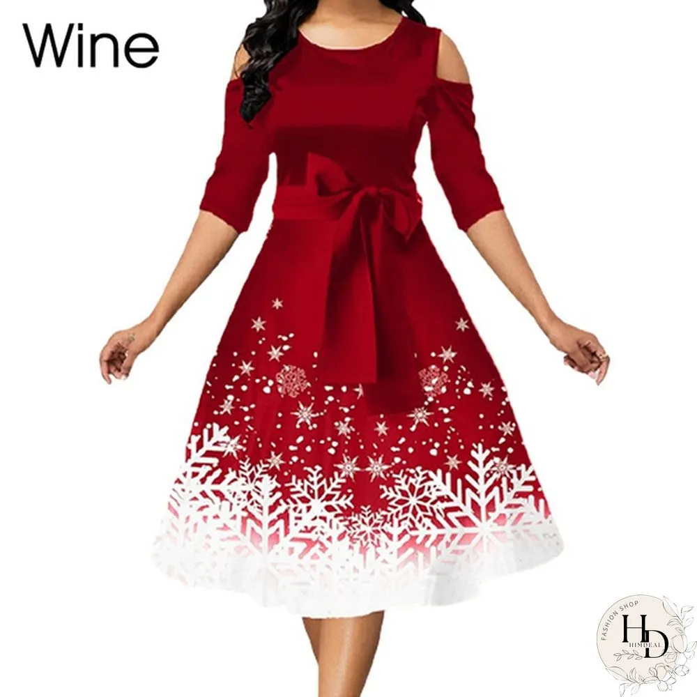Womens Belted Snowflake Print Cold Shoulder Round-neck Elegant Dress Plus Size Fashion