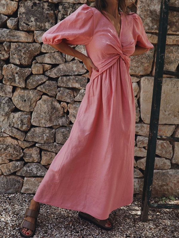 Women's Holiday Dress High Waist V Neck Puff Sleeve Midi Solid Dress