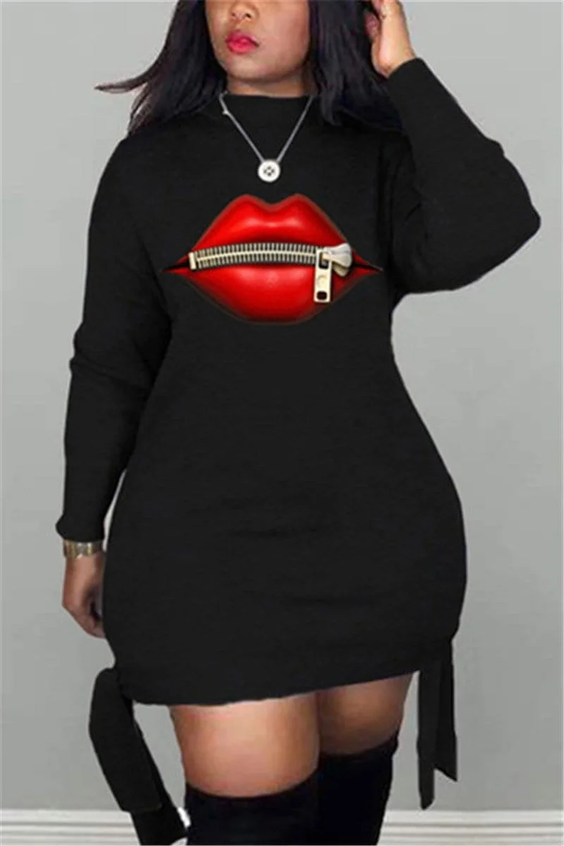 Casual Plus Size Lips Printed Dress