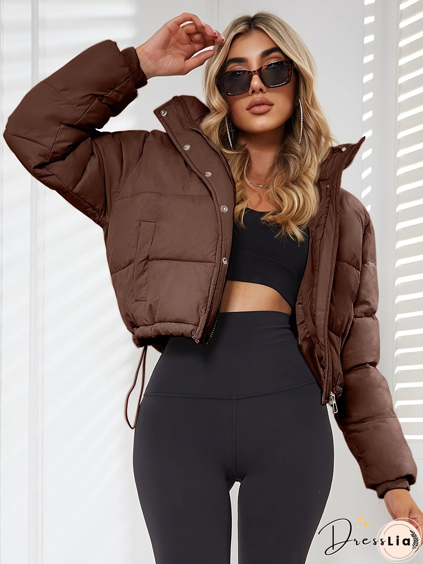 Solid Drawstring Pleated Slim Coat-Long Sleeve-Womens Clothing