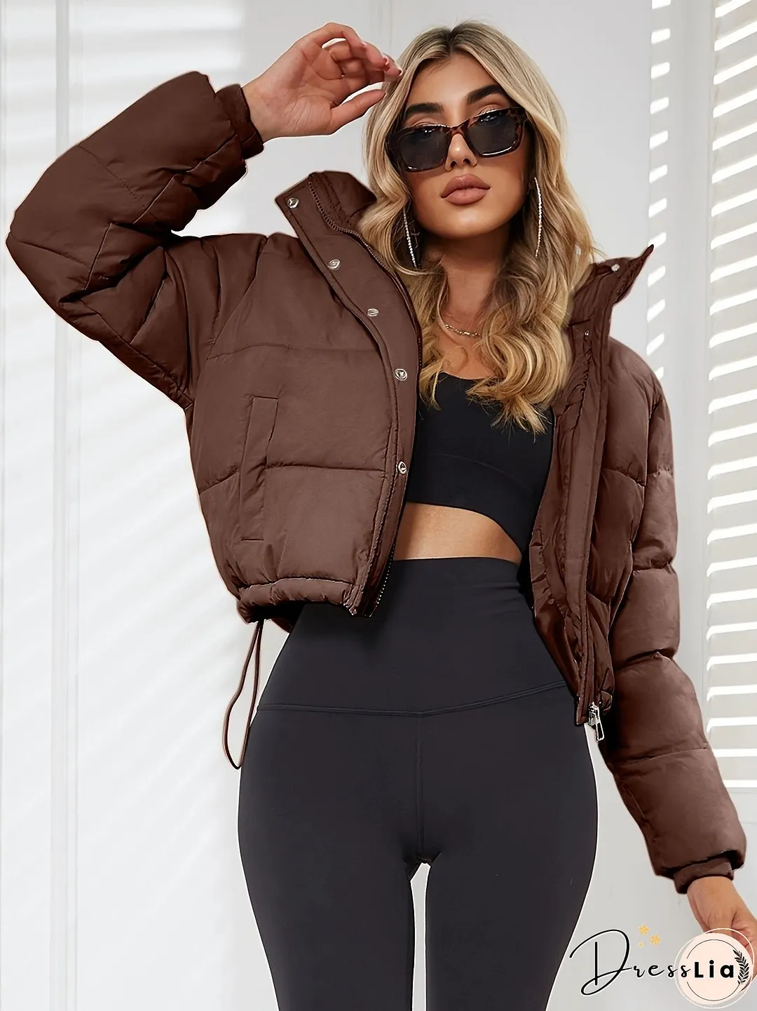 Solid Drawstring Pleated Slim Coat-Long Sleeve-Womens Clothing