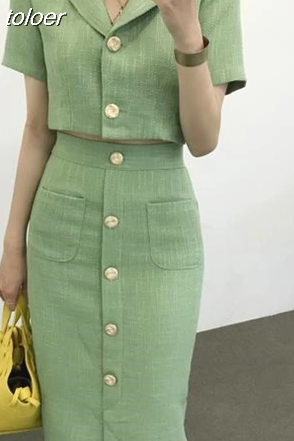 toloer Korea Elegant Lapel Thin Tweed Small Suit Short Jacket + High Waist Chic Button Slim Womens Two Piece Skirt Sets Summer