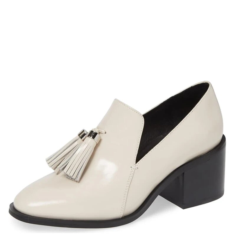 TAAFO Beige High Chunky Heels Round Toe Pumps Woman Soft  Leather For Office Ladies Shoes 