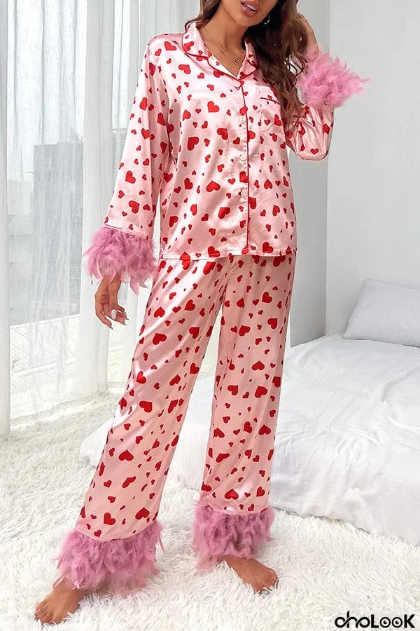 Cater To You Heart Printed Feather Trim Shirt Elastic Waist Pocket Pajama Set