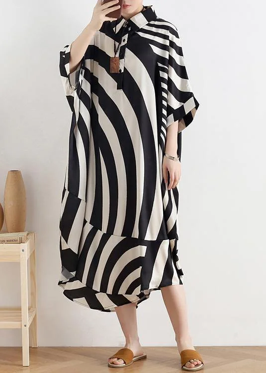 Modern black striped chiffon clothes For Women Fabrics lapel Batwing Sleeve long summer Dresses