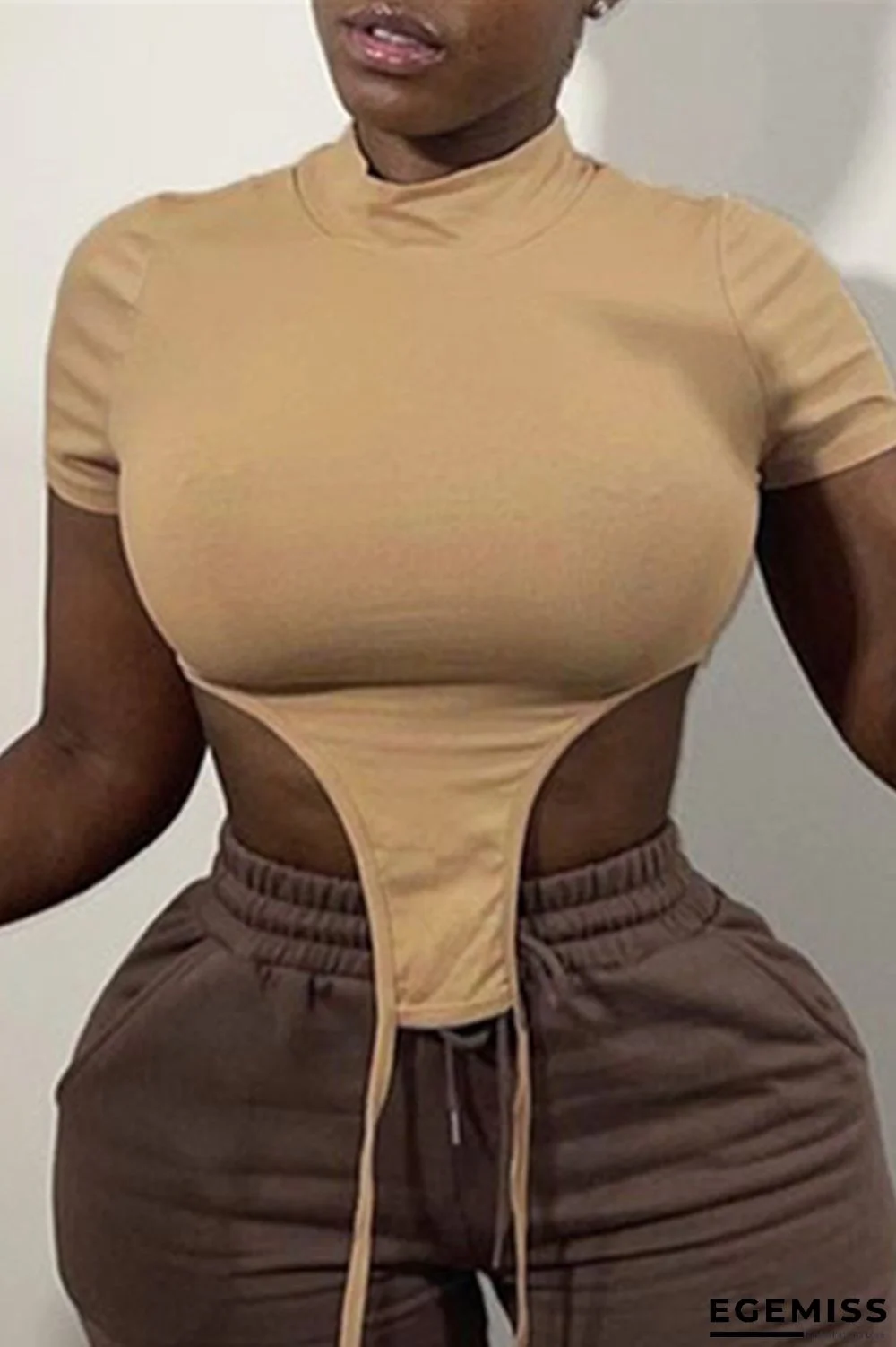 Khaki Fashion Casual Solid Asymmetrical O Neck T-Shirts | EGEMISS