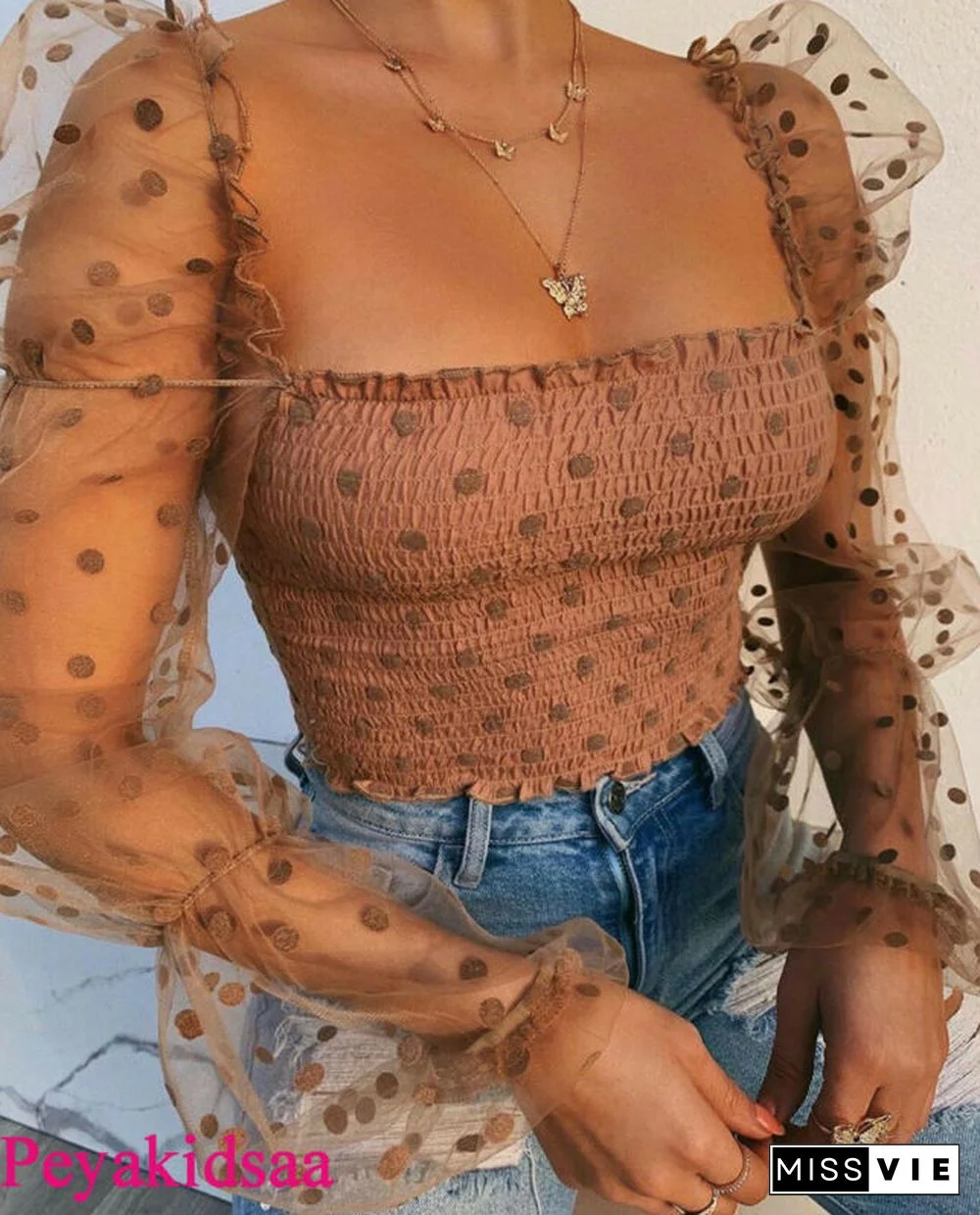 Sexy Women SquareNeck Lace See-through Polka Dot Puff Long Sleeve Elastic Crop Top Female Shirts Evening PartyClubwear