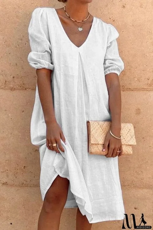 Casual Solid Loose V Neck Three-quarter Sleeve Dress