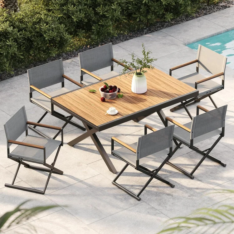 GRAND PATIO Outdoor Dining Set, Extra-Wide Foldable Chairs & 1 Extendable Table, UV-Resistant Mesh Patio Furniture Set, Wood Grain Tabletop for Garden, Yard and Terrace