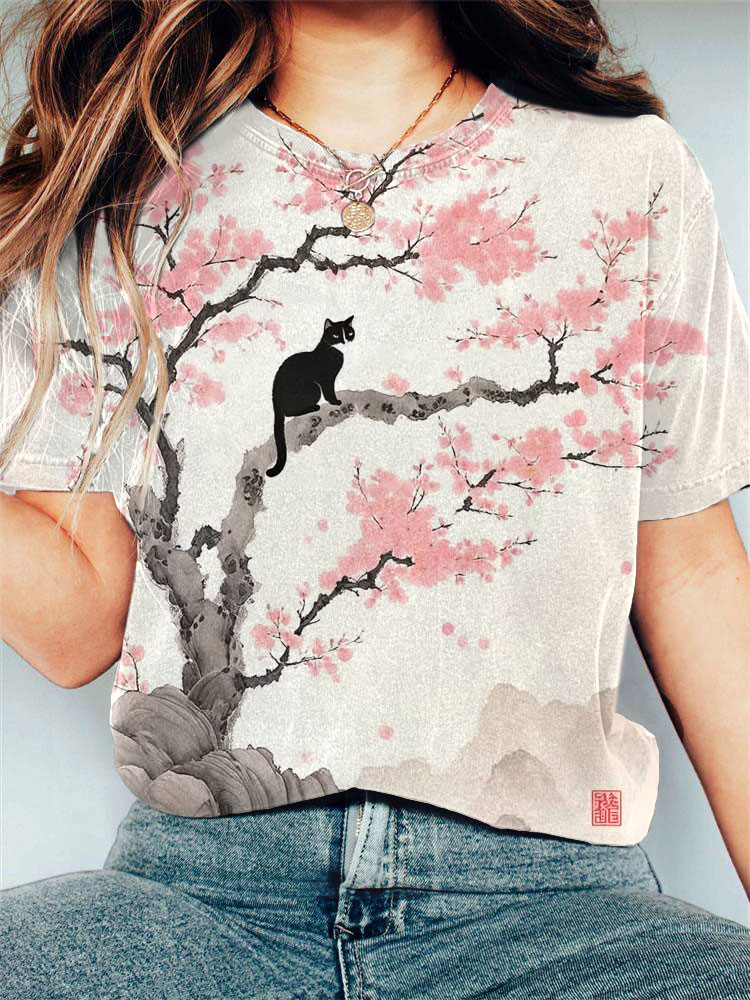 Comstylish Women's Casual Japanese Art Black Cat Print T-shirt