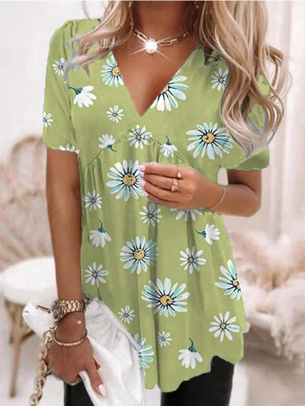 Printed Womenv Neck Pleated Tunic Tops
