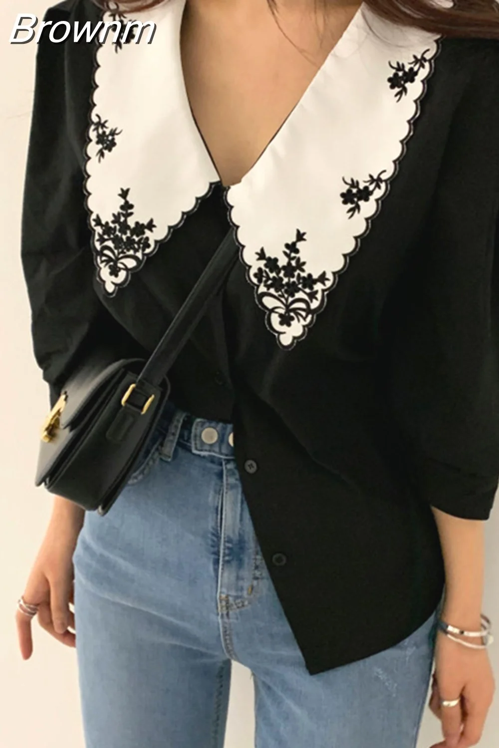 Brownm White Floral Embroidery Women Shirts Vintage Blusas Mujer De Moda 2023 Korean Chic Puff Sleeve Blouse Clothes Tops 14223