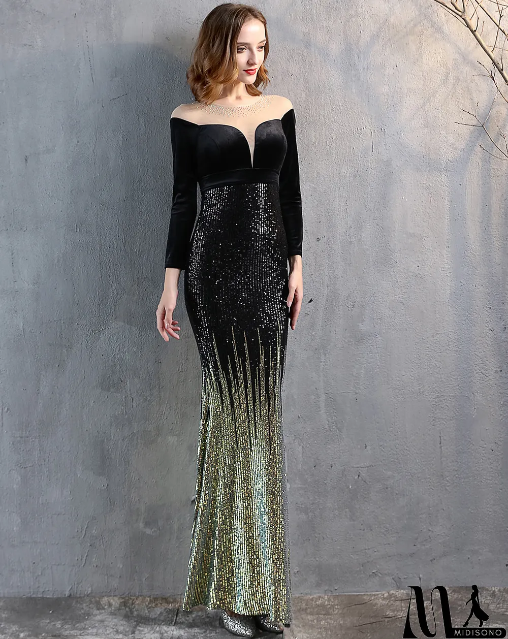MidiSono - Formal Long Sleeve Patch Velvet Sequins Mermaid Evening Dress
