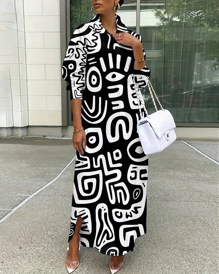 Black and White Tribal Totem Loose Shirt Button Dress