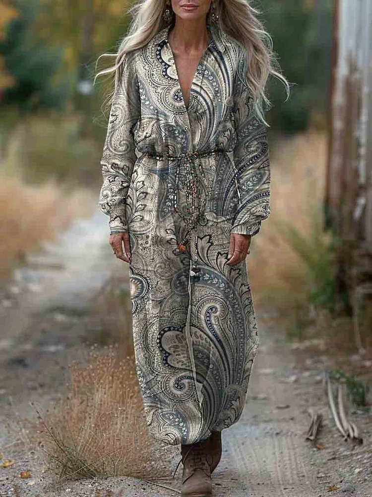 Women's Shirt Collar Printed Casual Cotton Wide Leg Jumpsuit