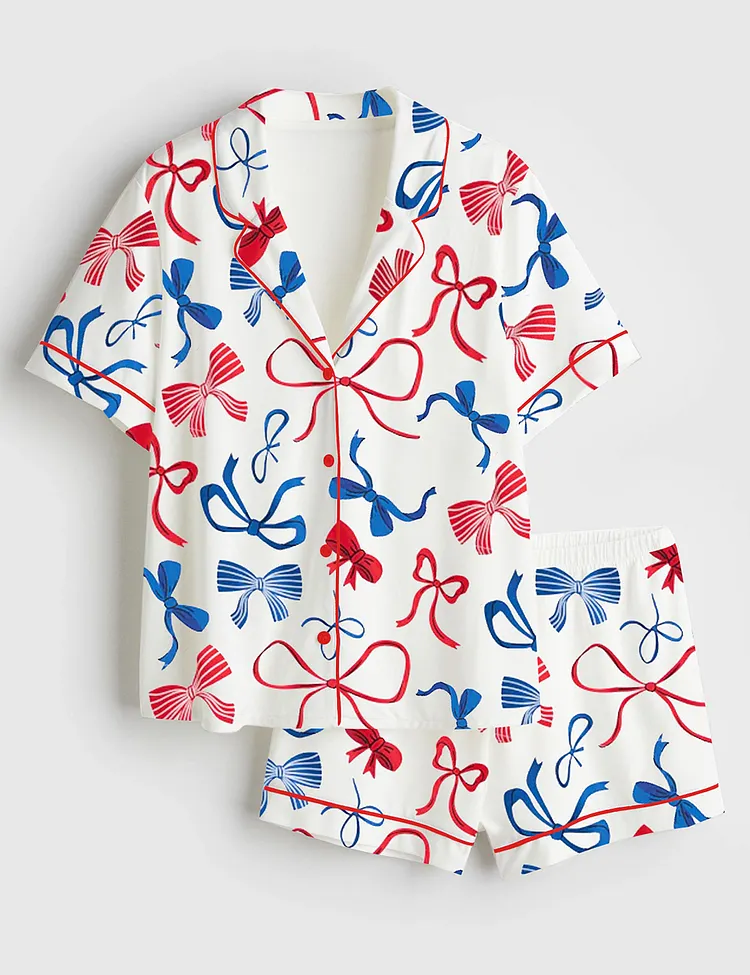 Women&rsquo;s Red White And Blue Coquette Bow 4th Of July Short Sleeve Satin Pajama Set
