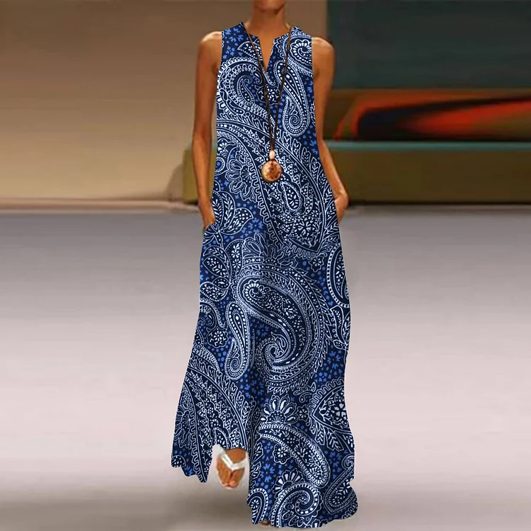 Vintage Ethnic Paisley Aztec Geometric Pattern Flowy Maxi Dress