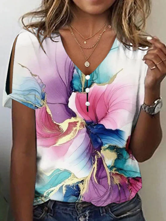 Women Short Sleeve V-neck Graphic Printed Tops