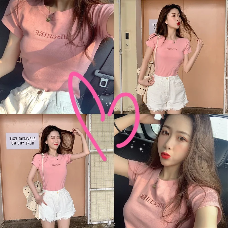 Uveng Uveng 2024 New Korean Letter Embroidered Slim Short-Sleeve T-Shirt Women's Wear