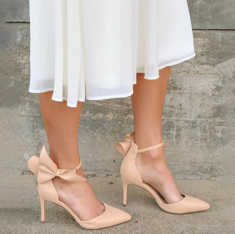Beige Pointed Toe Stiletto Heel Elegant Ankle Strap Pumps with Bow Nicepairs