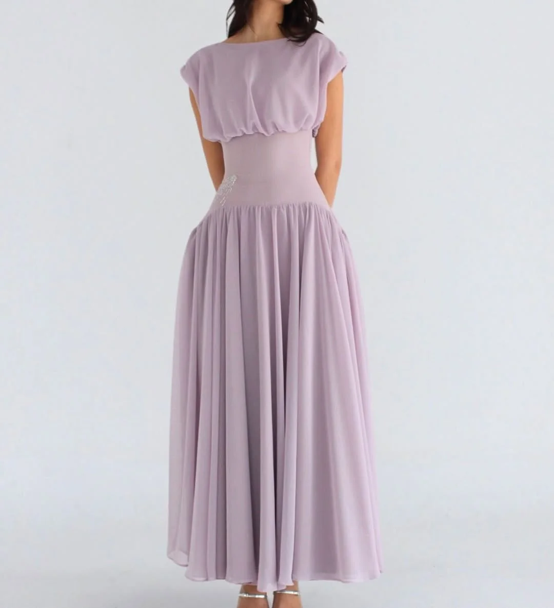 Long Sleeves Bateau Neck Ruched A-line Chiffon Dresses Lilac