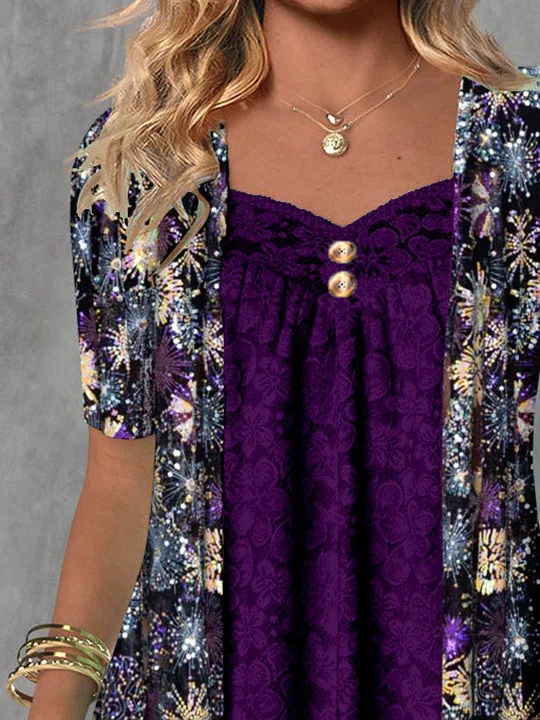 Women's Short Sleeve V-neck Floral Printed Graphic Lace Stitching Graphic Buttons Top