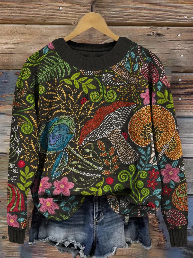 🔥kukelife🔥Embroidered Wild Mushrooms Graphic Cozy Knit Sweater