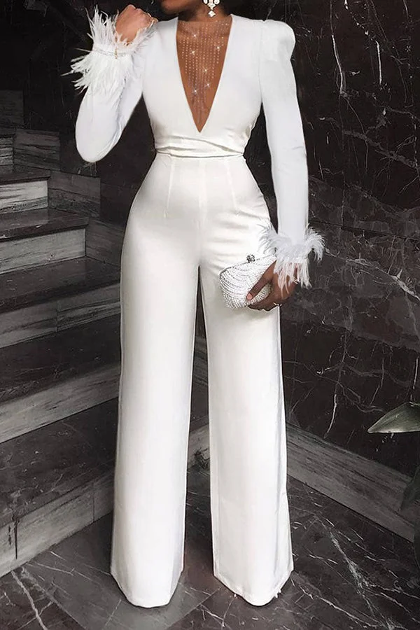 Solid Color Glamorous Feather Trim Jumpsuit