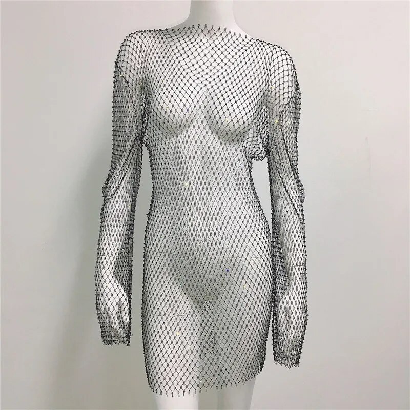 Rhinestone Mesh Mini Dress Women Summer Open Back Slit Long Dresses Ladies Beach Babes See Through Sexy Fishnet Skirt 15 Rhinestone Mesh Mini Dress Women Summer Open Back Slit Long Dresses Ladies Beach Babes See Through Sexy Fishnet Skirt