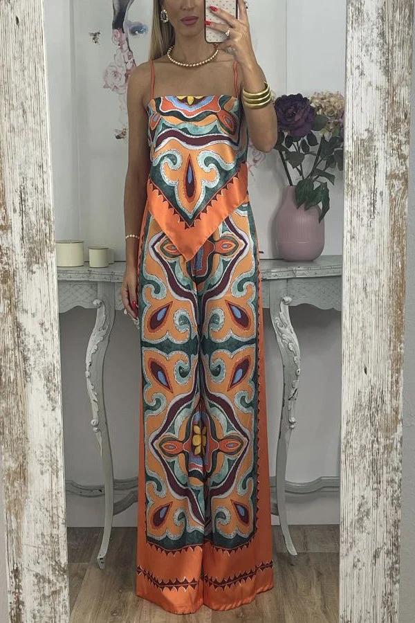All Things Nice Satin Printed Cami Scarf Top and Elastic Waist Pocketed Wide Leg Pants Set