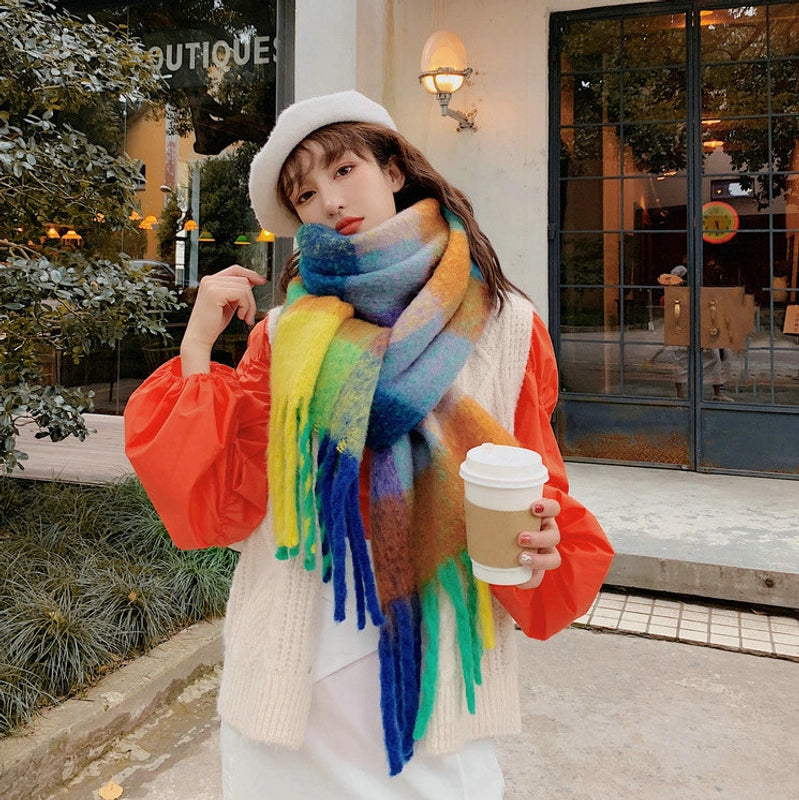 Knock On The Beauty Drop ~ A Big Love Thick Braid Rainbow Checkered Color Matching Scarf Winter Cashmere Plaid Tassel Shawl