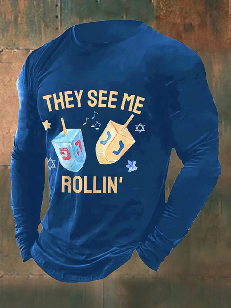Men's They See Me Rollin Happy Hanukkah Casual Long Sleeve T-Shirt