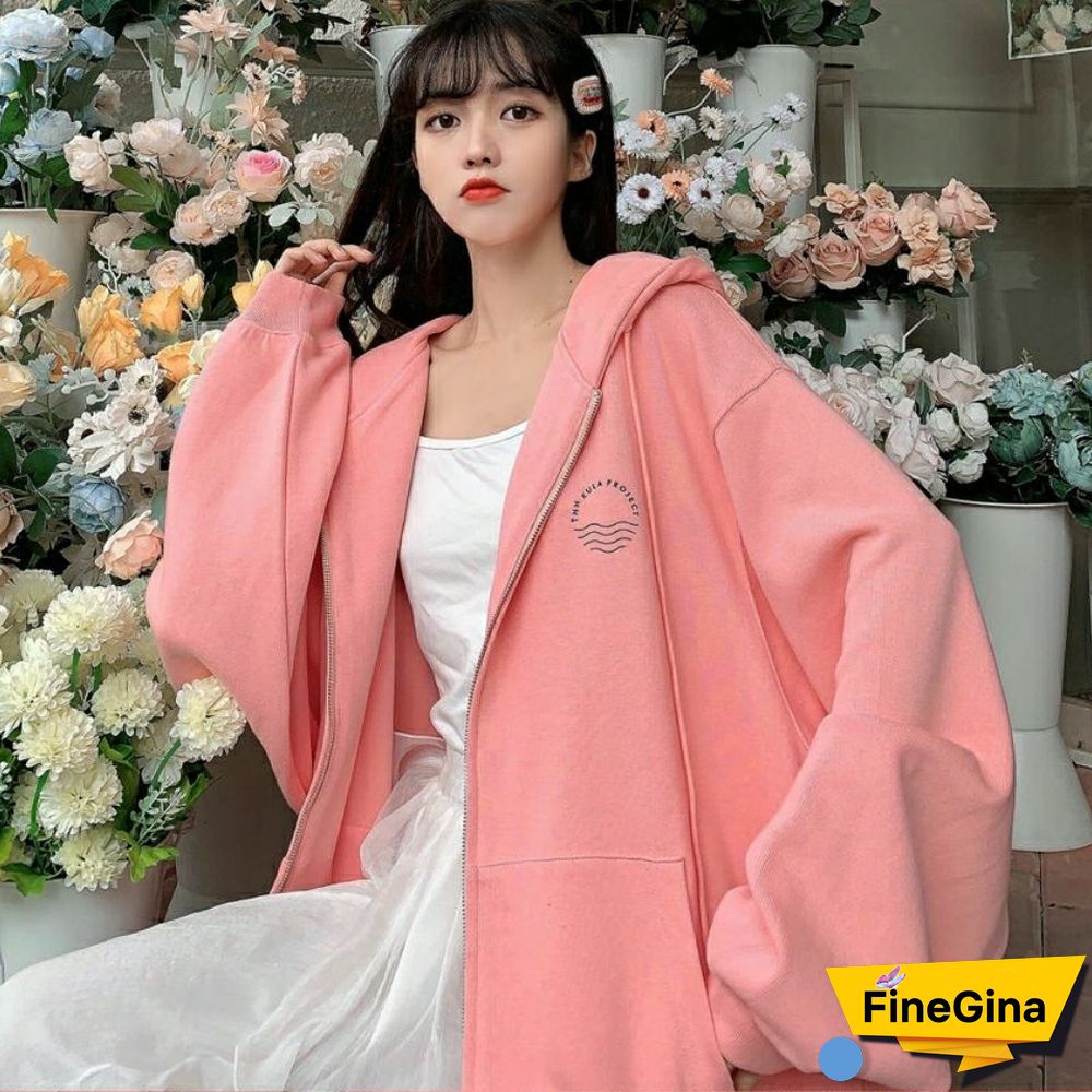 Retro Zip Up Hooded Sweatshirts Womens Fashion Spring Autumn Clothes Loose Hoodies Korean Long Sleeve Casual Oversized Pullover