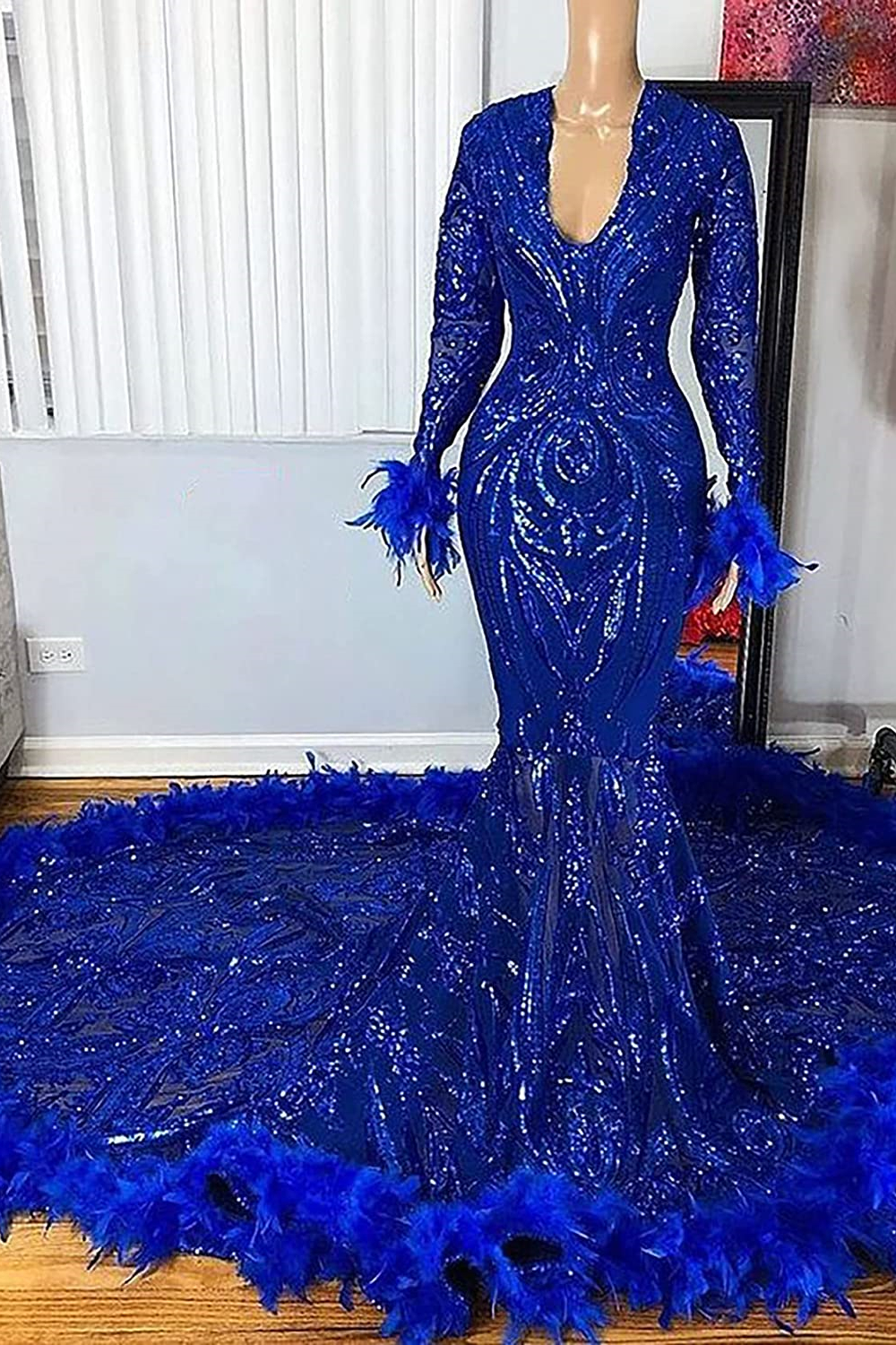 Budget Royal Blue Long Sleeves Evening Gowns Mermaid Sequins With Feather - lulusllly