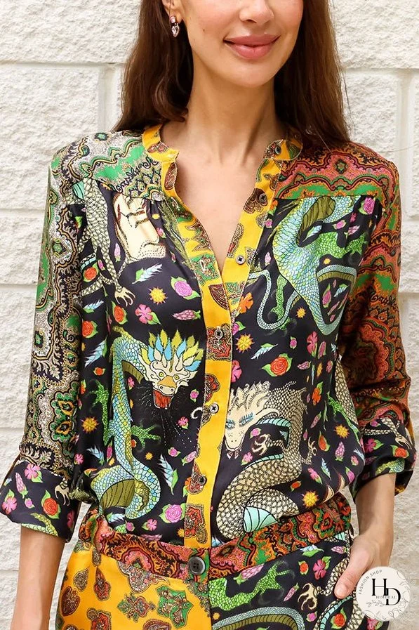 Dragon of My Eye Paisley Printed Patchwork Casual Blouse