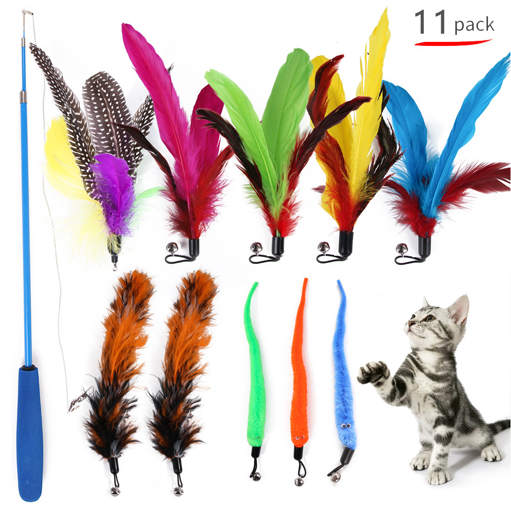 

11pcs Cat Teasing Molar Stick Colorful Feather Teaser Rod Pet Toy, 501 Original