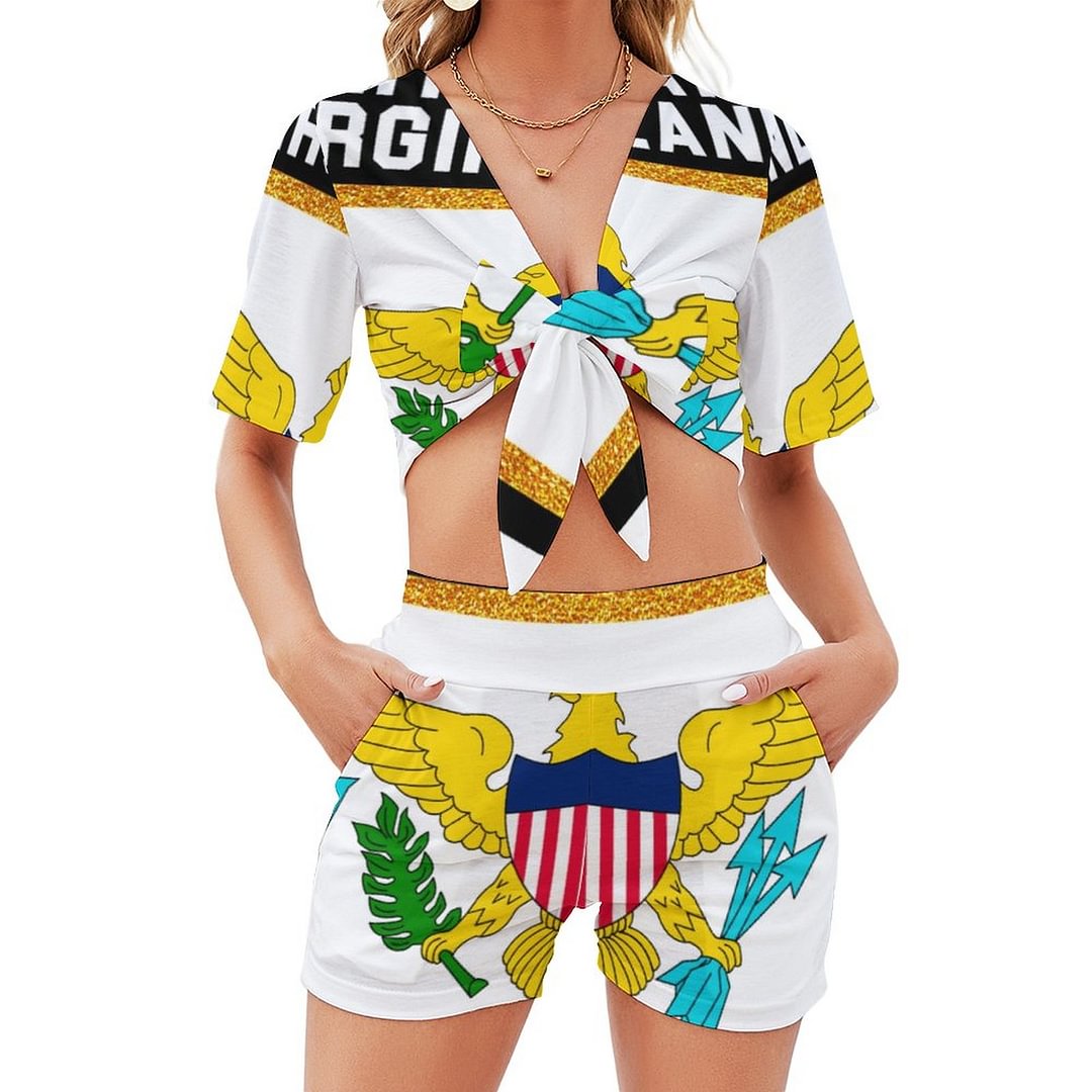 United States Virgin Islands Flag Beach Tracksuits Women Boho 2 Piece Outfits Crop Camisole with Shorts Sets