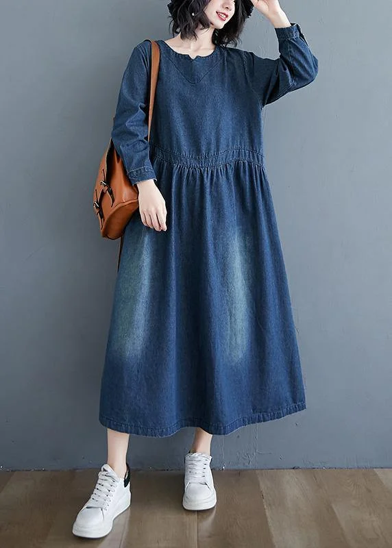Chic O Neck Cinched  Tunic Wardrobes Denim Blue Art Dresses