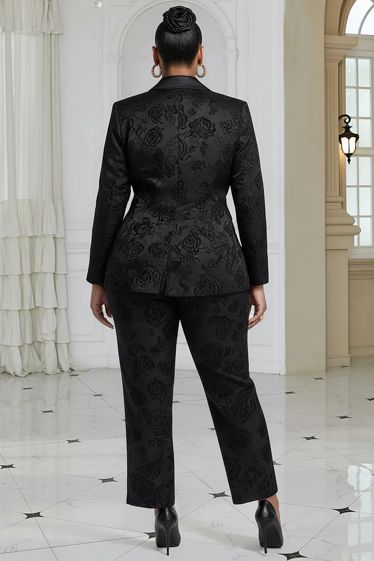 Xpluswear Design Plus Size Formal Black Lapel Collar Long Sleeve See Through Elegant Satin Two Piece Pant Suits [Pre-Order]