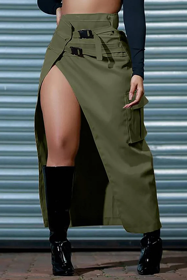 Plus Size Casual Skirt Light Grey Side Slit Thigh High Cargo Skirt 