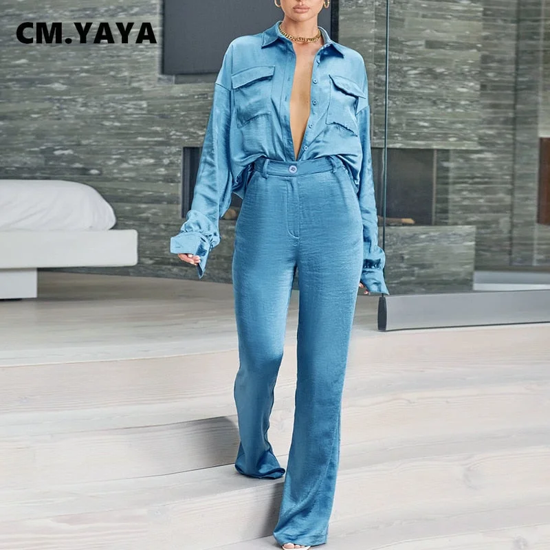 CM.YAYA Women Pants Suit Solid Loose Shirts Tops + Straight Pants Two 2 Piece Sets Office Lady Fashion Outfits Spring Summer