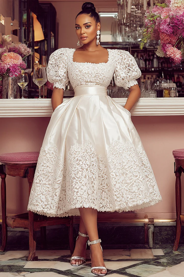 Xpluswear Design Plus Size Cocktail Party Satin White Square Neck Puff Sleeve Short Sleeve Pocket Lace Midi Dresses [Pre-Order] 2024 - Xpluswear