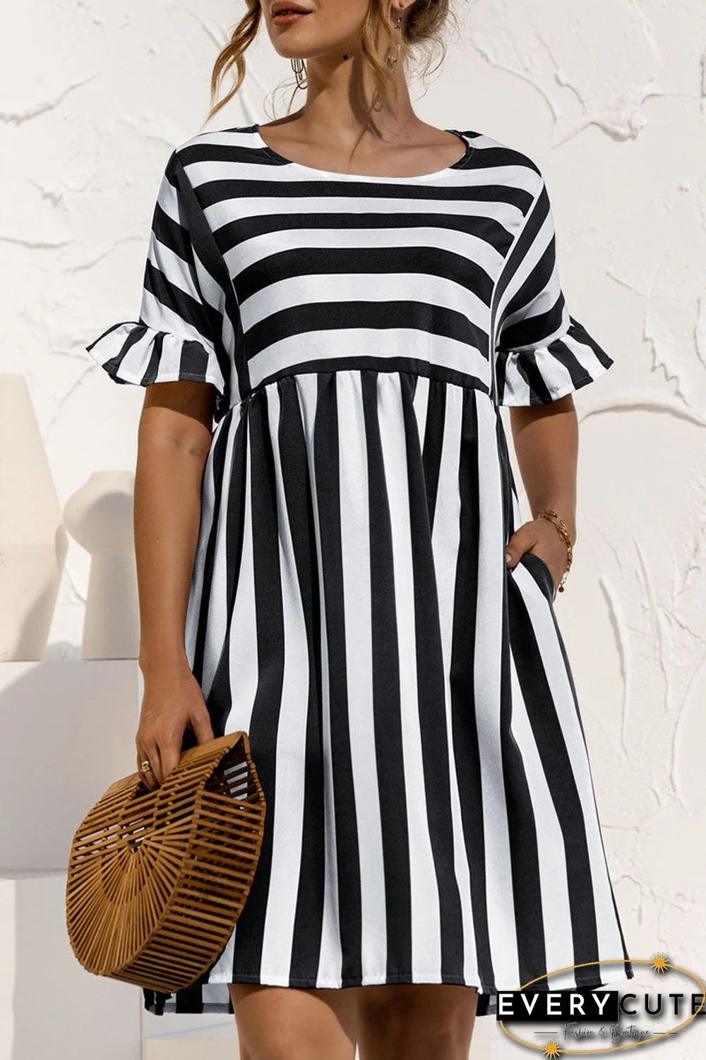 Fashion Casual Striped Split Joint O Neck A Line Dresses