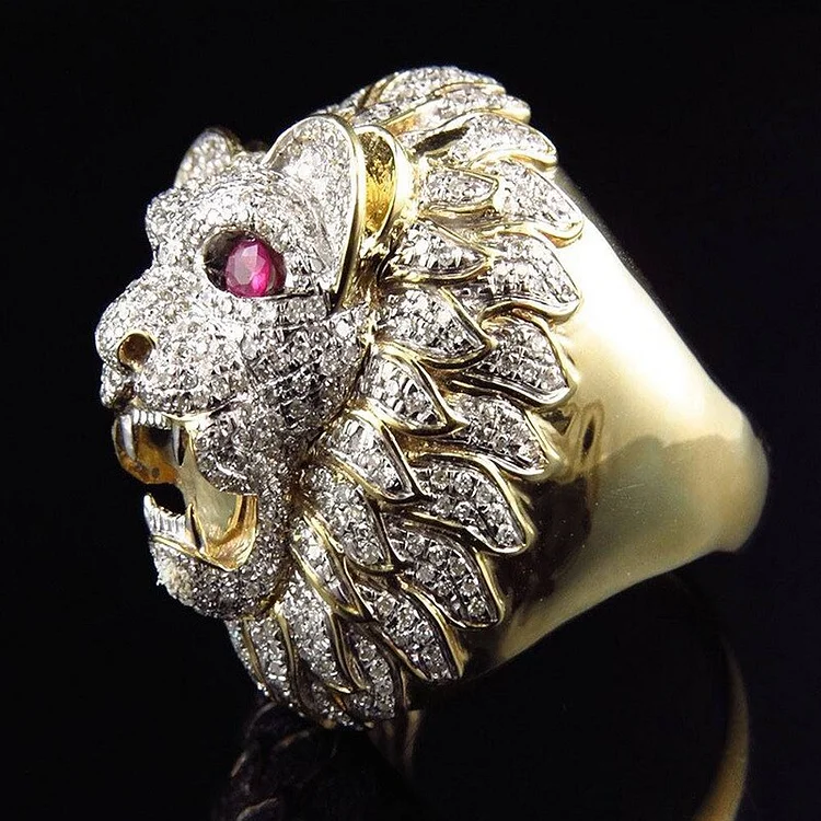 Golden Full Rhinestone Lion Head Ring for Men Hip-Hop Punk Jewelry Gifts-VESSFUL